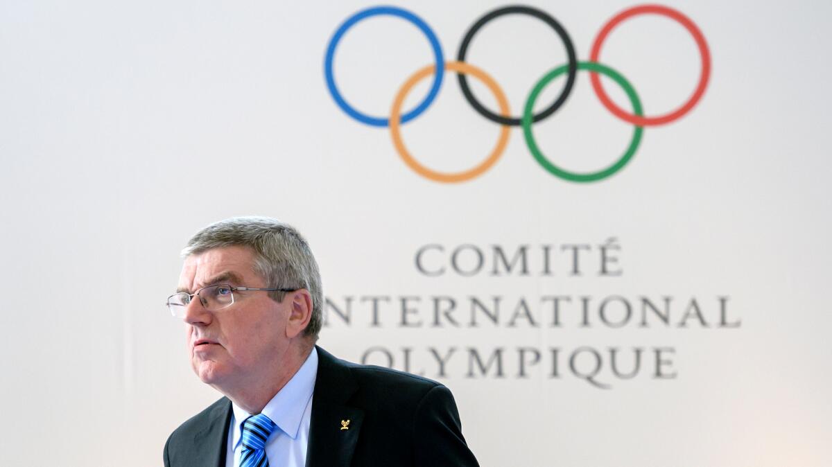 IOC President Thomas Bach attends a summit in Lausanne, Switzerland, on Oct. 8.