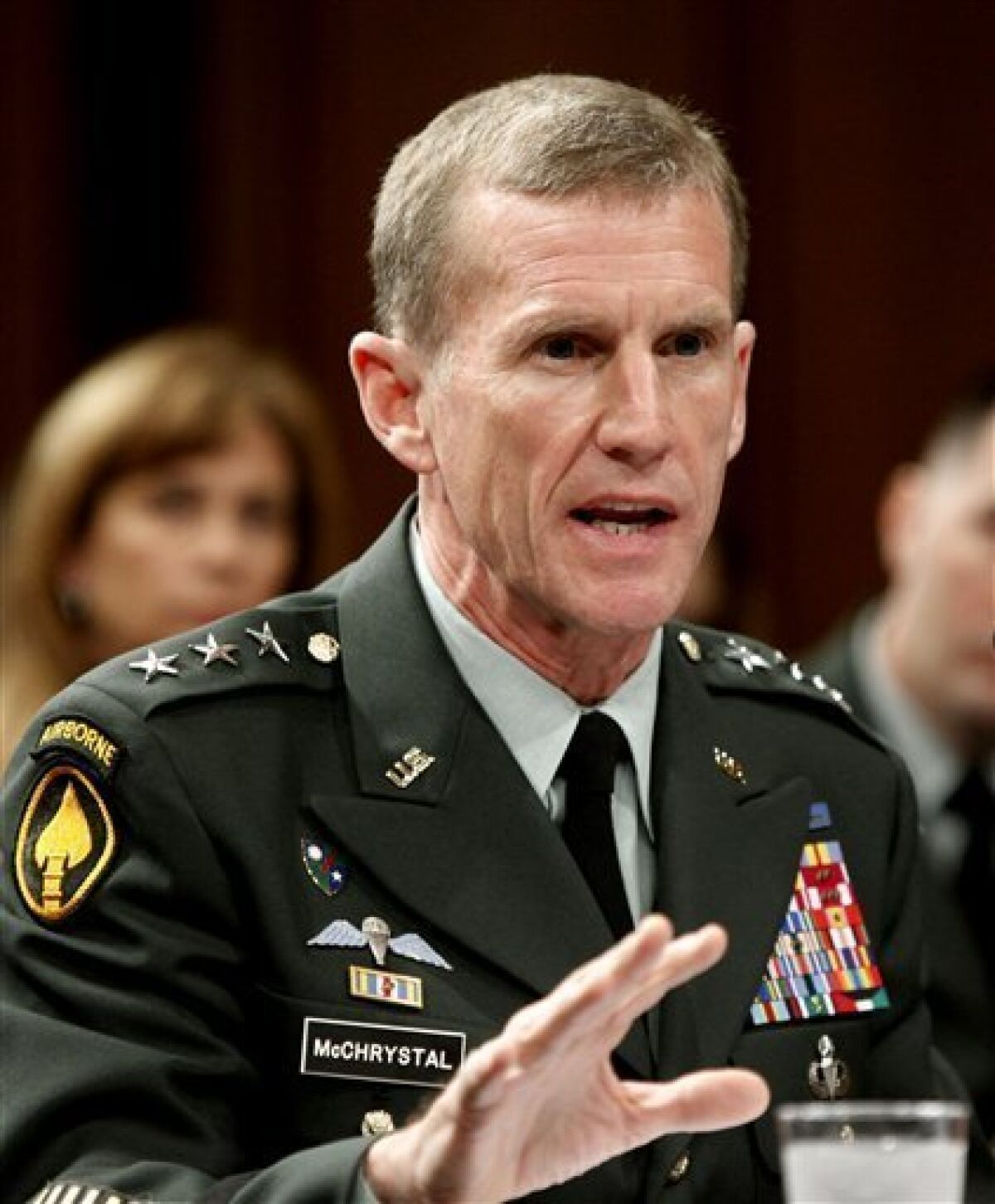 FILE - In this June 2, 2009 file photo, Lt. Gen. Stanley A. McChrystal, then President Barack Obama's nominee to be commander of U.S. forces in Afghanistan, testifies on Capitol Hill in Washington before the Senate Armed Services Committee. McChrystal was put in charge of a drifting war in Afghanistan in part because he wasn't afraid to speak up. That quality may prove to be his downfall as President Barack Obama decides whether to fire him. (AP Photo/Manuel Balce Ceneta, File)