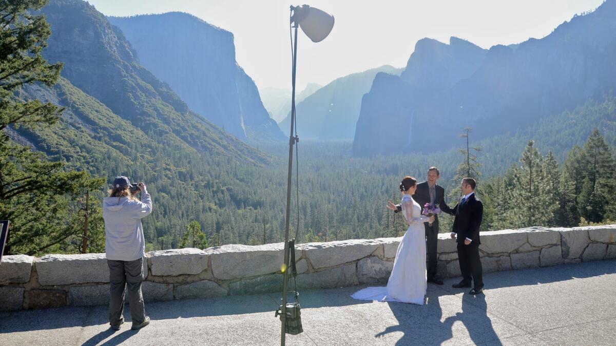 Early morning at Tunnel View at Yosemite National Park finds a happy couple busy tying the knot with the help of the park's leading wedding preacher, the Rev. Autrey Nasser.