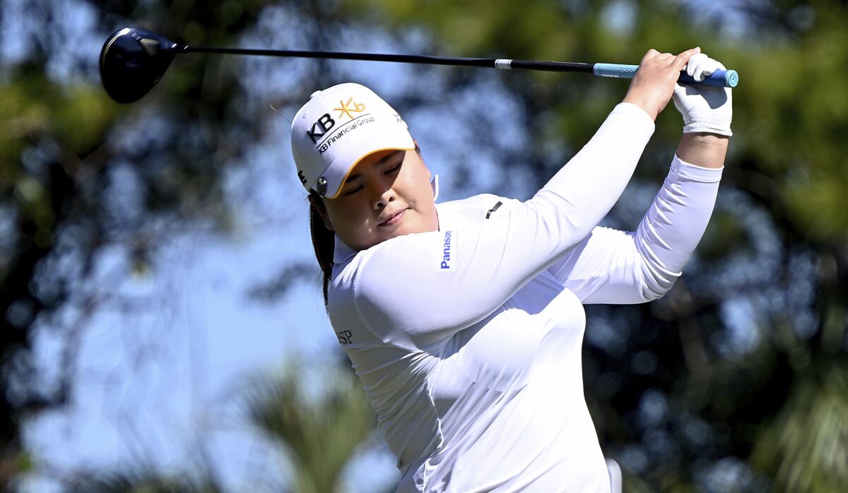 Inbee Park, of South Korea, tees off on the first hole at the LPGA Drive On Championship golf tournament, Thursday, Feb. 3, 2022, in Fort Myers, Fla. (Chris Tilley/The News-Press via AP)