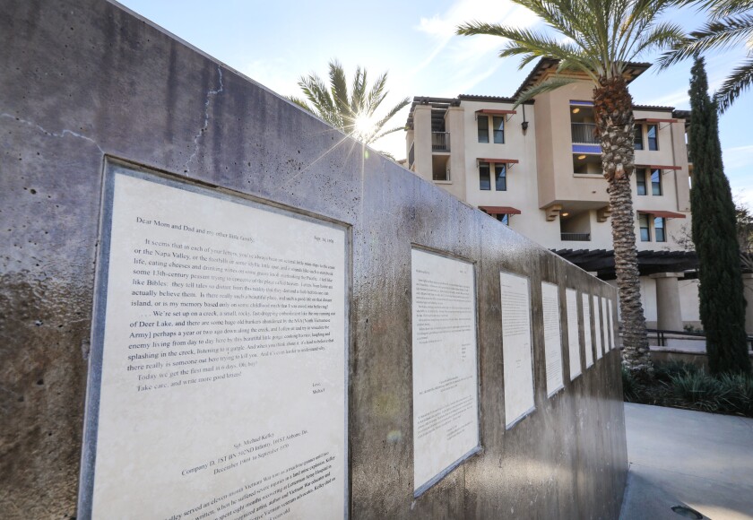 At Veterans Memorial Park in Vista, copies of letters from service members in Vietnam during the war are displayed.