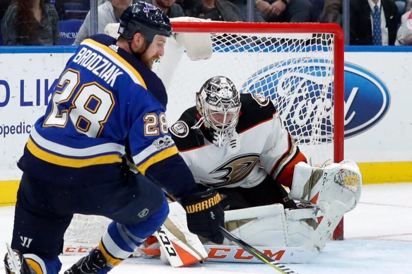 St. Louis Blues' Kyle Brodziak (28) is unable to get off a shot as Anaheim Ducks goalie John Gibson defends during the second period of an NHL hockey game Wednesday, Nov. 29, 2017, in St. Louis. (AP Photo/Jeff Roberson)