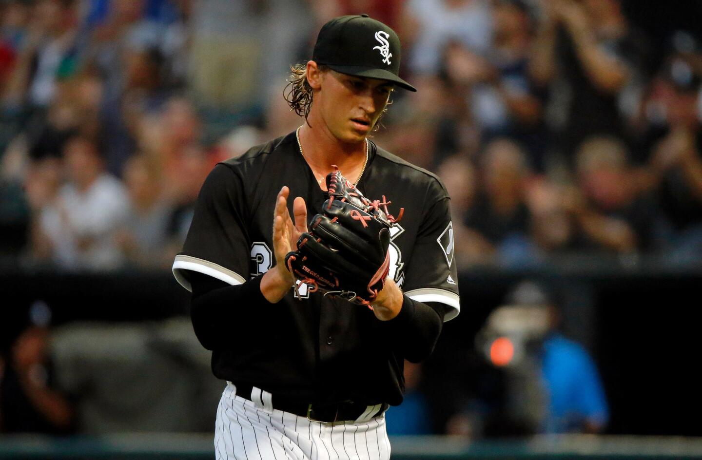 Michael Kopech reacts at the end of the first inning against the Twins at Guaranteed Rate Field on Aug. 21, 2018.