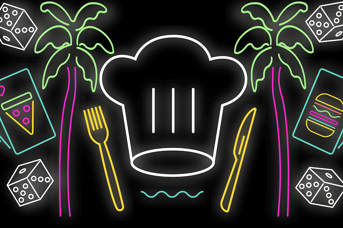 Neon lights in the shape of a chef's hat, fork and knife, dice and food