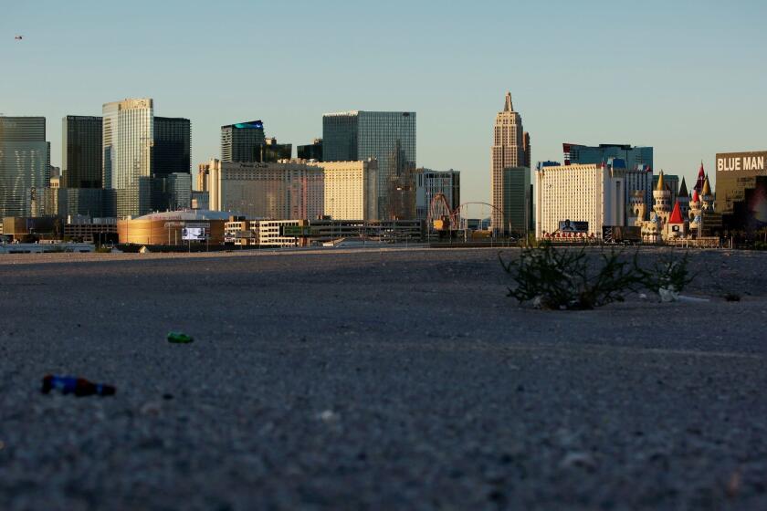 In this May 1, 2017, photo, land purchased by the Oakland Raiders near the Las Vegas Strip is where their future home will be located in Las Vegas. Public records show the team paid $77.5 million for the four parcels in an area close to the Mandalay Bay hotel-casino. (AP Photo/John Locher)
