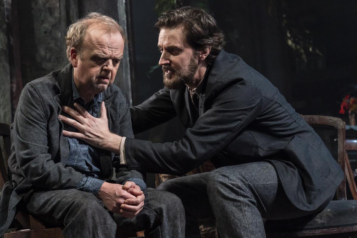 Toby Jones, left, sits next to Richard Armitage onstage in "Great Performances: Uncle Vanya" on PBS.