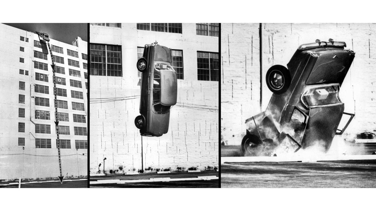 Feb. 13, 1966: A sequence of photos show a 1962 Studebaker Lark sedan plunging from the top of a 10-story building.