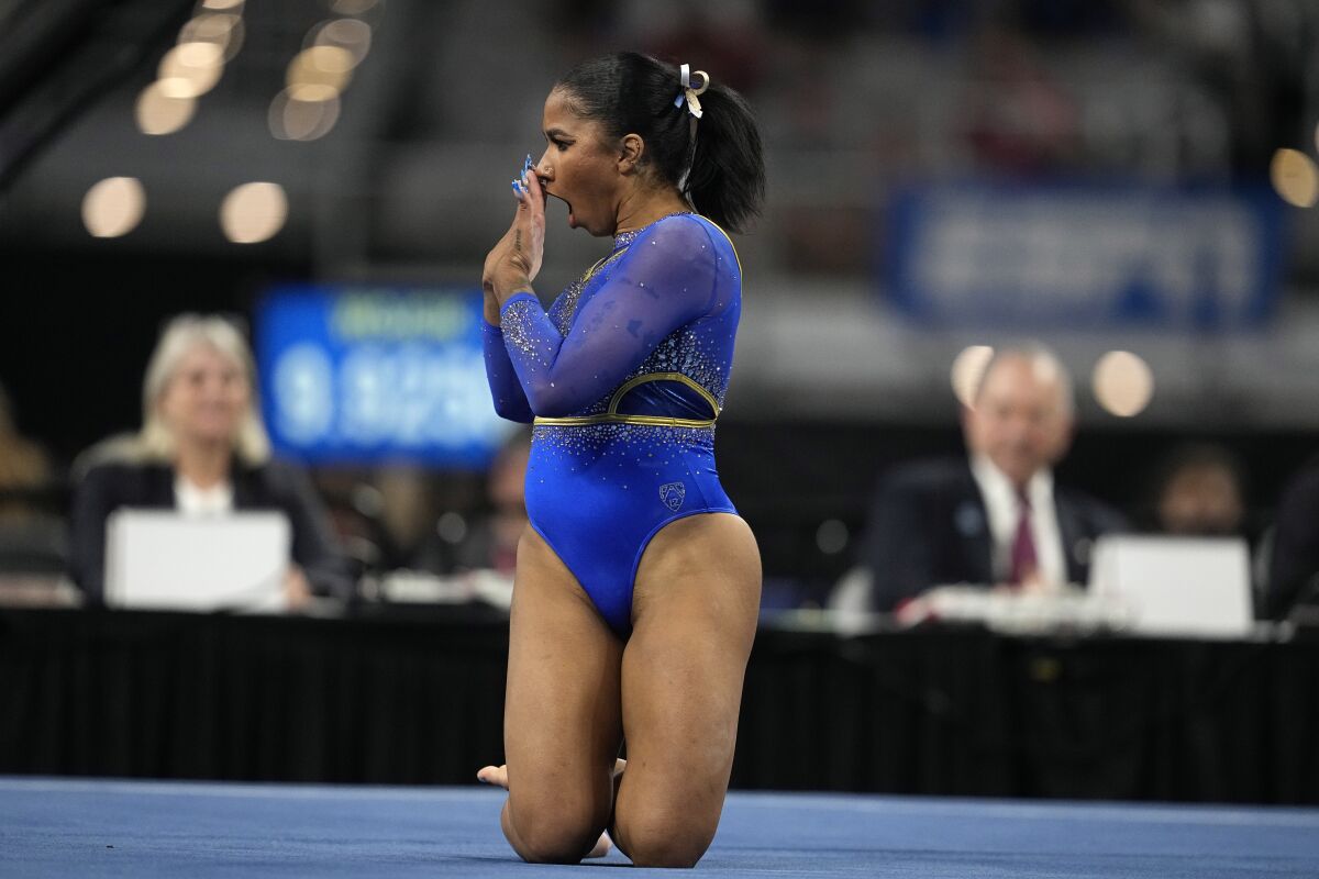 UCLA's Jordan Chiles competes on floor exercise during the NCAA gymnastics championship semifinals Thursday.