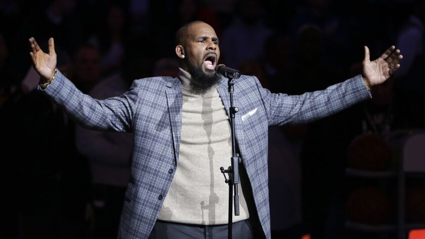 R. Kelly performing the national anthem before a 2016 NBA basketball game between the Brooklyn Nets and the Atlanta Hawks in New York.