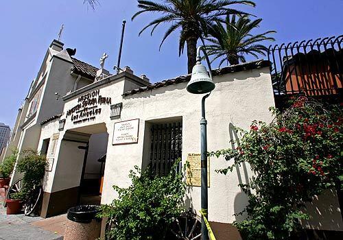 The site of the original bell at the Mission Nuestra Senora Reina de Los Angeles. A new bell was unveiled as the California Department of Transportation celebrates the 100th anniversary of the El Camino Real Mission Bell markers at the El Pueblo de Los Angeles Historical Monument.