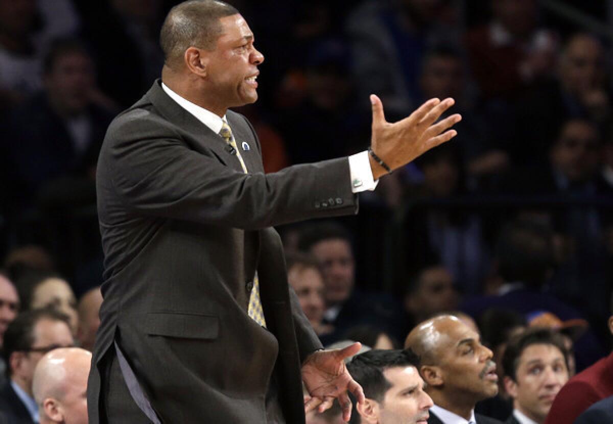Boston Celtics Coach Doc Rivers reacts to a call in the first half of Game 2 in New York.