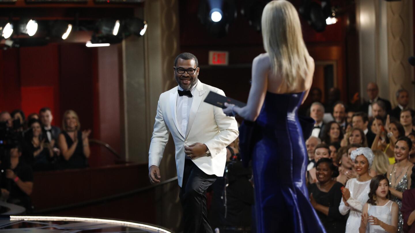Jordan Peele after winning best original screenplay for "Get Out," from backstage at the 90th Academy Awards on Sunday at the Dolby Theatre in Hollywood.