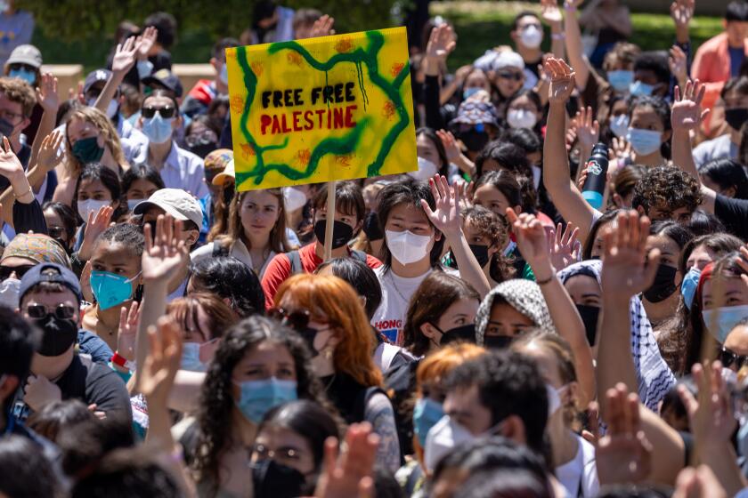Los Angeles, CA - April 29: Pro-Palestinian demonstrators hold a student- faculty rally at Dickson Plaza at an encampment on the UCLA campus on Monday, April 29, 2024 in Los Angeles, CA. (Brian van der Brug / Los Angeles Times)
