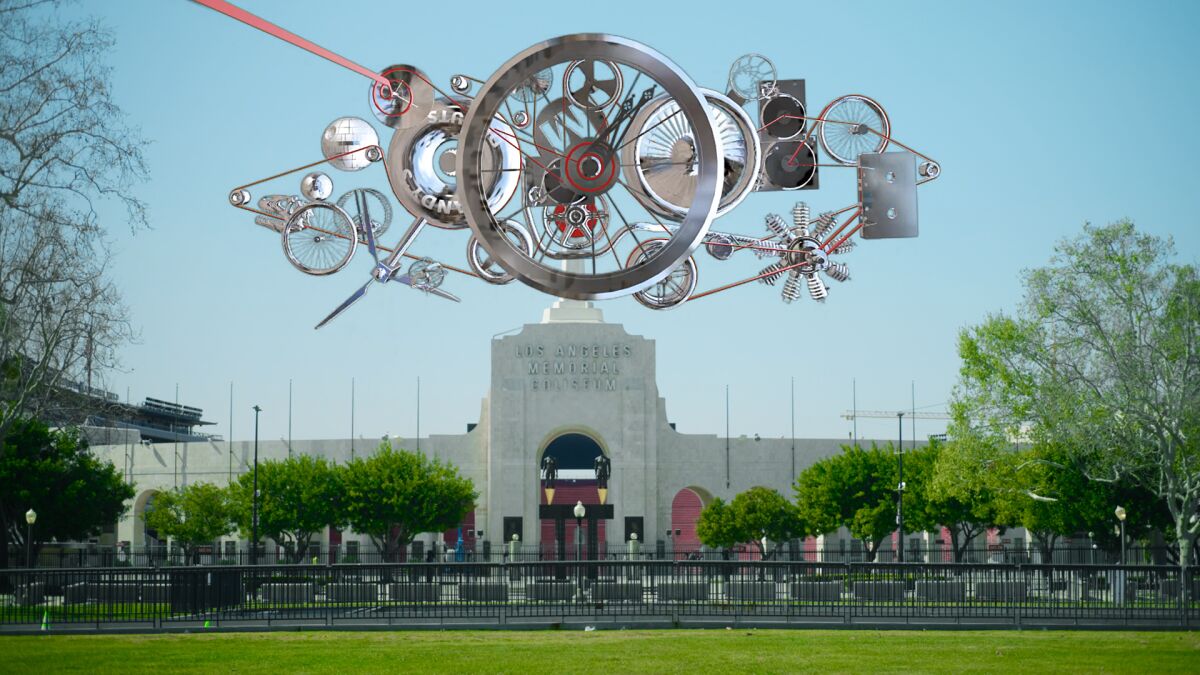 An explosion of clock gears appears to hover over the Los Angeles Memorial Coliseum