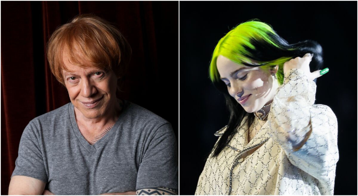 A diptych of portraits of Danny Elfman and Billie Eilish