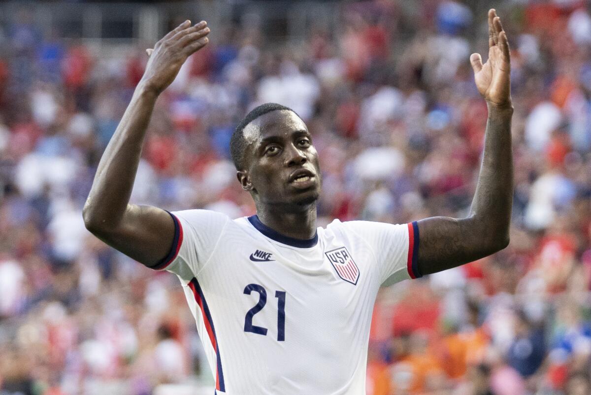 American forward Tim Weah celebrates after scoring against Morocco on June 1 in Cincinnati. 