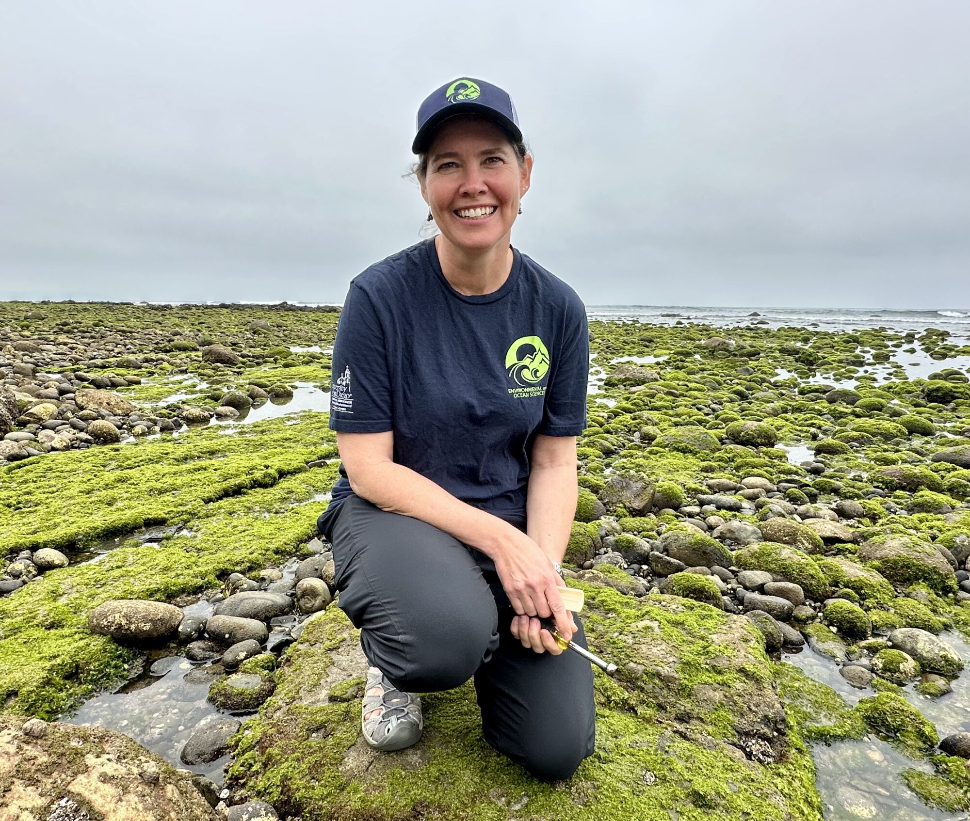 Nathalie Reyns of Point Loma Nazarene University studies the life cycle of barnacles at Bird Rock in La Jolla.