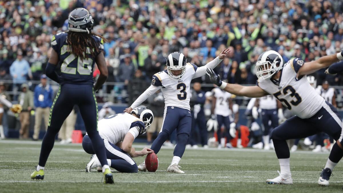Cairo Santos kicks a 39-yard field goal to give the Rams a 33-31 lead in the fourth quarter of a victory over the host Seattle Seahawks.
