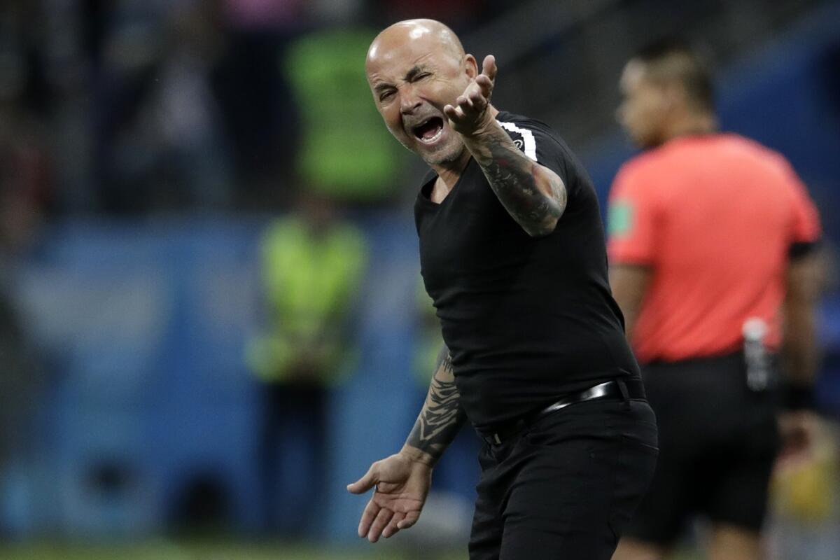 Argentina coach Jorge Sampaoli reacts during the group D match between Argentina and Croatia at the 2018 soccer World Cup in Nizhny Novgorod Stadium in Nizhny Novgorod, Russia, Thursday, June 21, 2018. Croatia won 3-0.