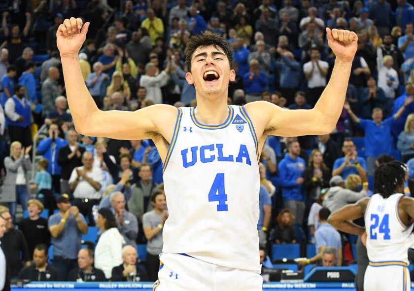 Jaime Jaquez Jr. celebrates after the Bruins' 69-64 win over the Arizona Wildcats on Feb. 29 at Pauley Pavilion. The game was attended by numerous former UCLA greats, who were impressed by the current lineup.