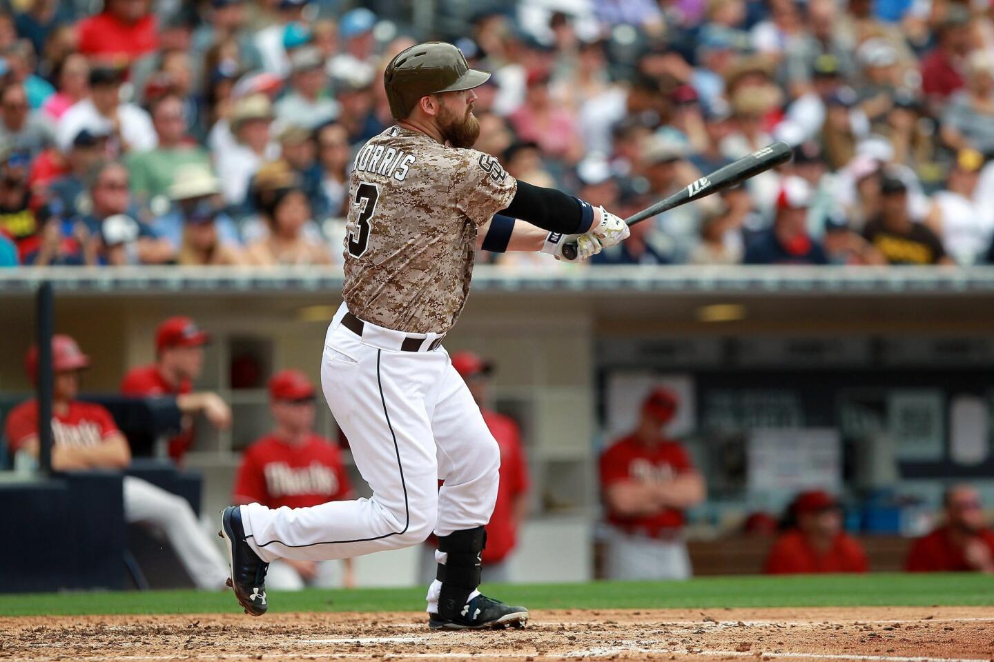 San Diego Padres' Matt Kemp breaks bat over knee after match