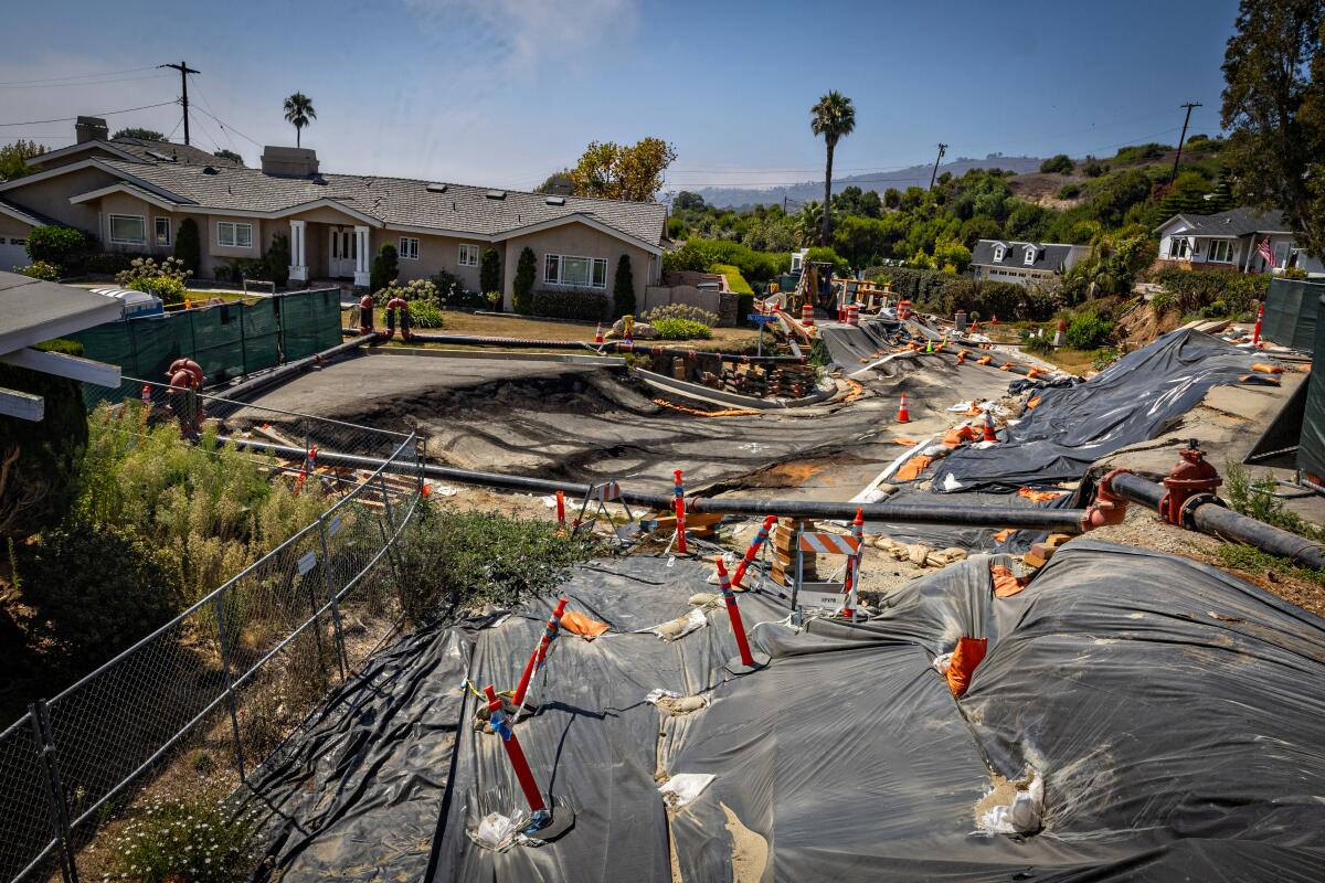 Severe landslide damage is seen on Dauntless Drive in Rancho Palos Verdes on Sept. 1. 