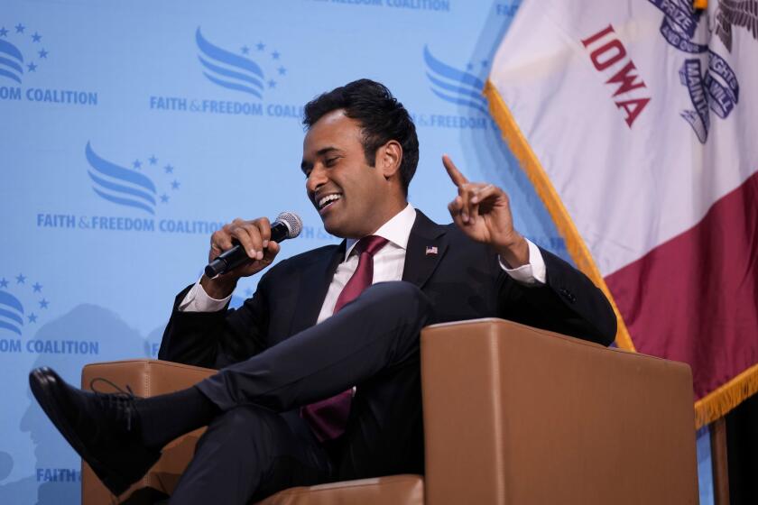 Republican presidential candidate businessman Vivek Ramaswamy speaks at the Iowa Faith & Freedom Coalition's fall banquet, Saturday, Sept. 16, 2023, in Des Moines, Iowa. (AP Photo/Bryon Houlgrave)