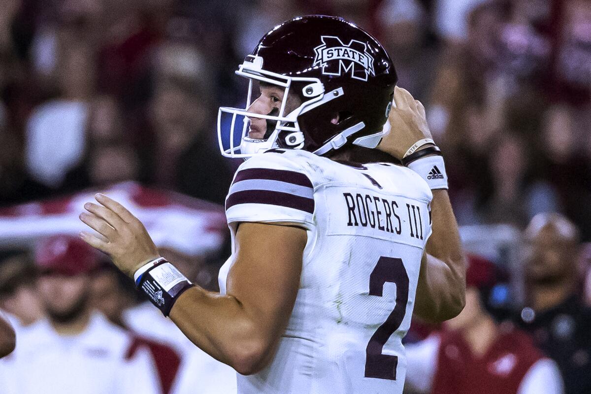 Mississippi State quarterback Will Rogers (2) drops back to pass during the first half of the team's NCAA college football game against Alabama, Saturday, Oct. 22, 2022, in Tuscaloosa, Ala. (AP Photo/Vasha Hunt)