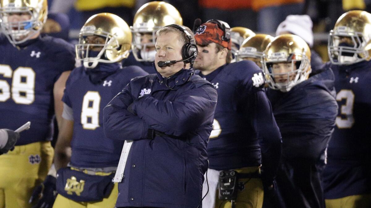 Notre Dame Coach Brian Kelly watches from the sideline during a 43-40 overtime loss to Northwestern on Nov. 15.