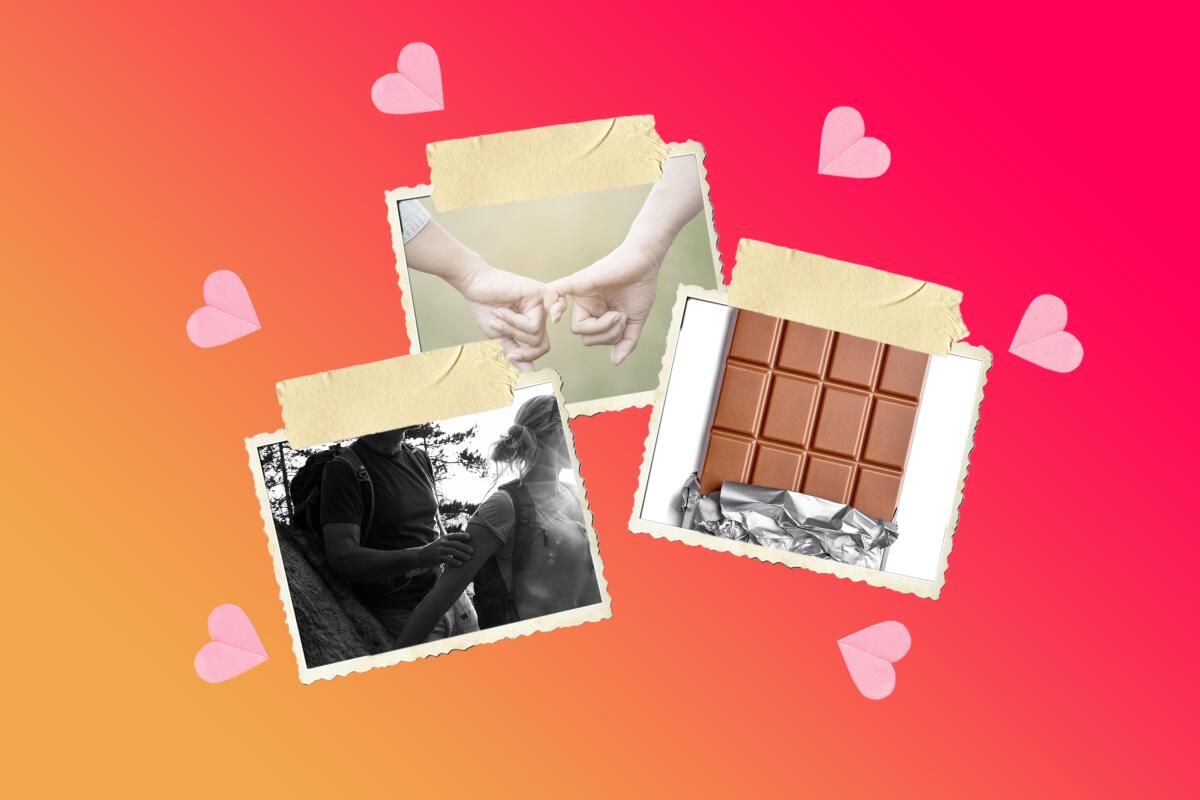 Photos of hands linking pinkies, a hiking couple and  a bar of chocolate, surrounded by hearts