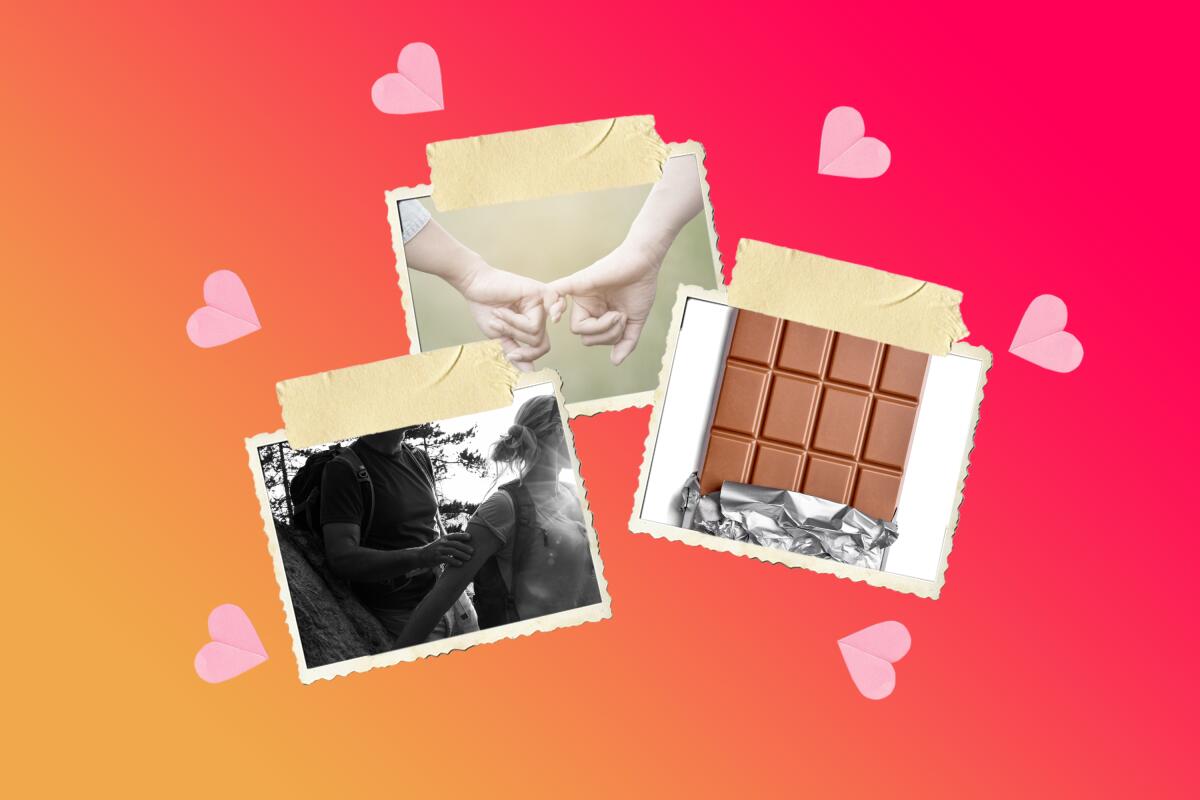 Photos of hands linking pinkies, a hiking couple and a bar of chocolate, surrounded by hearts