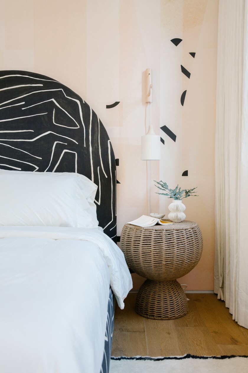 Drop It Modern’s Shape Shifter wallpaper in a West Side L.A. guest bedroom by Sarah Sherman Samuel. 