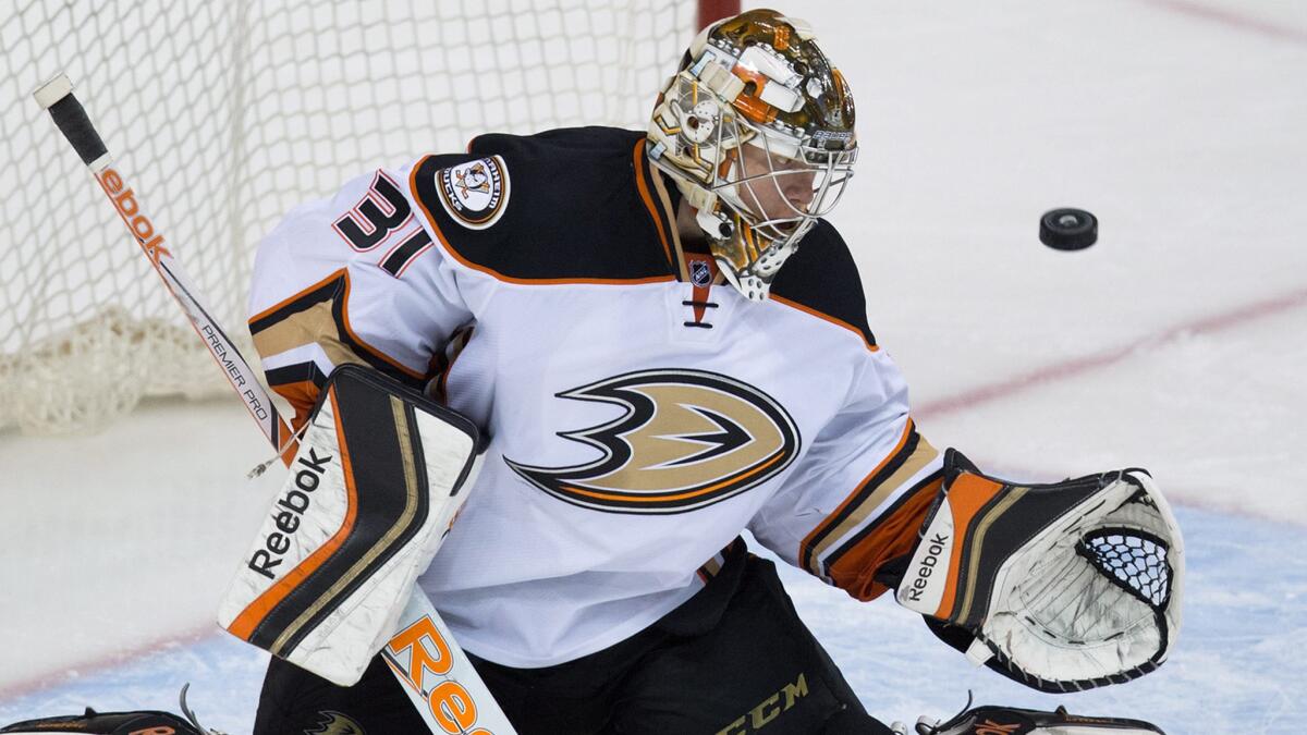 Ducks goalie Frederik Andersen makes a save during a game against the Vancouver Canucks on Jan. 27.