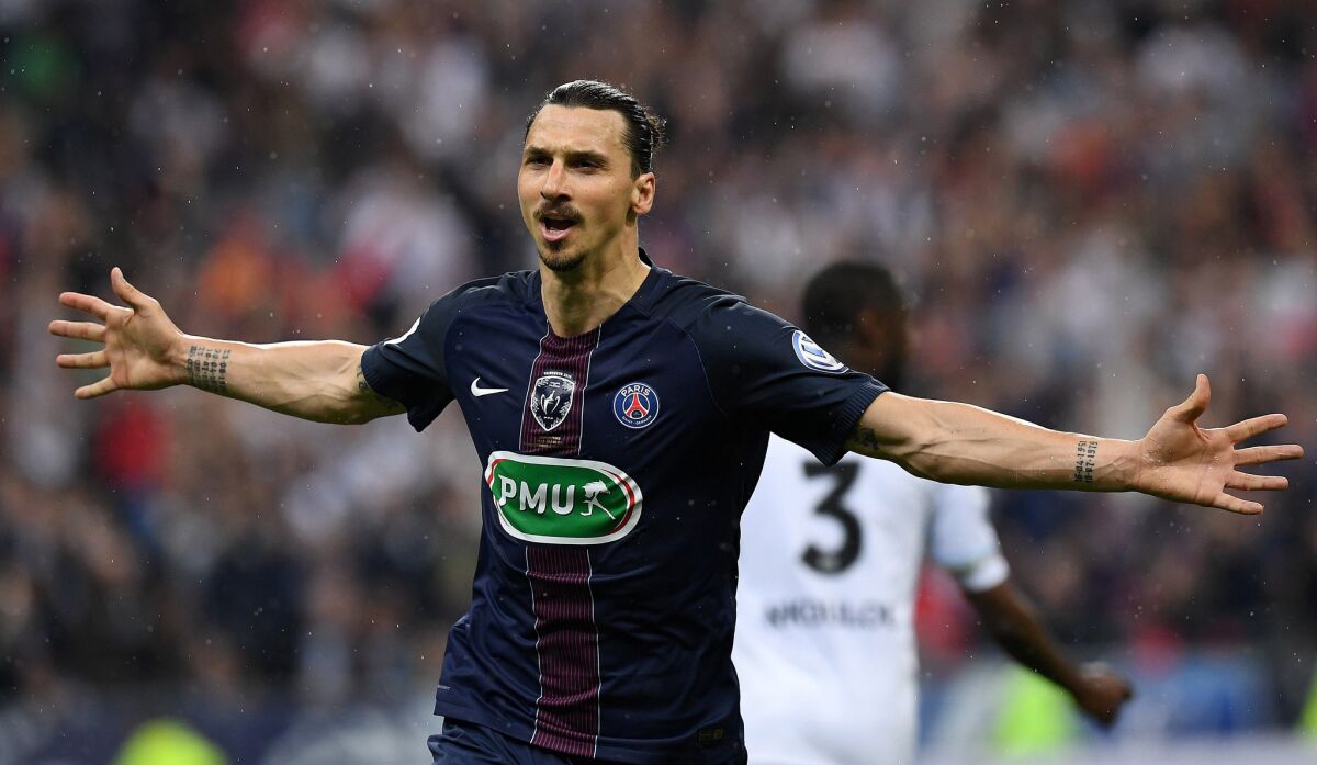 Paris Saint-Germain forward Zlatan Ibrahimovic celebrates after scoring a goal during the French Cup final on May 21.