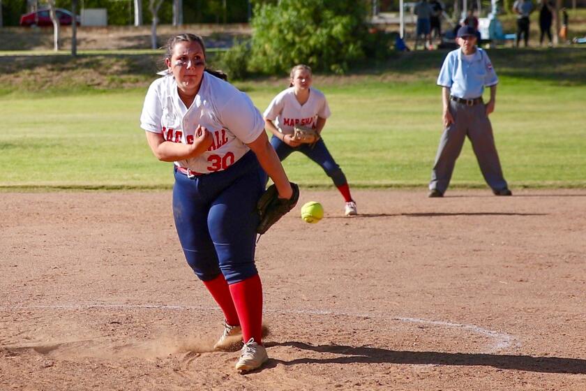 Pasadena Marshall senior Rosie Agdaian delivers a pitch in her final home game.