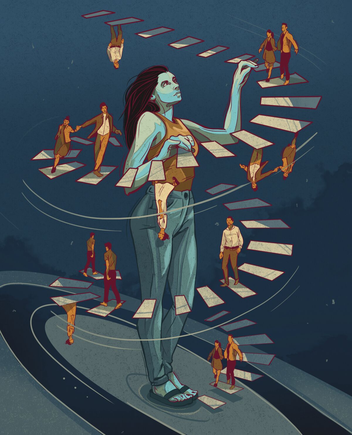 An illustration shows a woman plucking random moments from memory