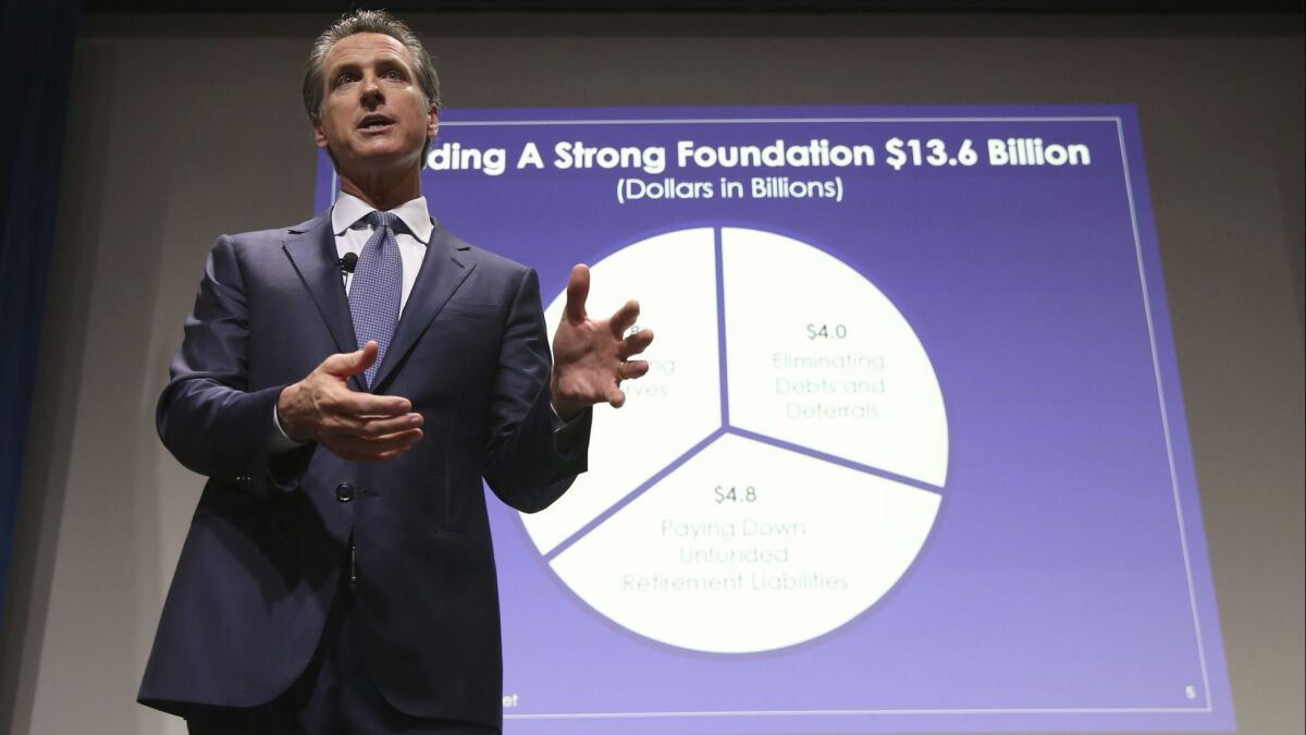 Gov. Gavin Newsom, seen presenting his first state budget on Jan. 10, will submit a revised spending plan to the Legislature this week.