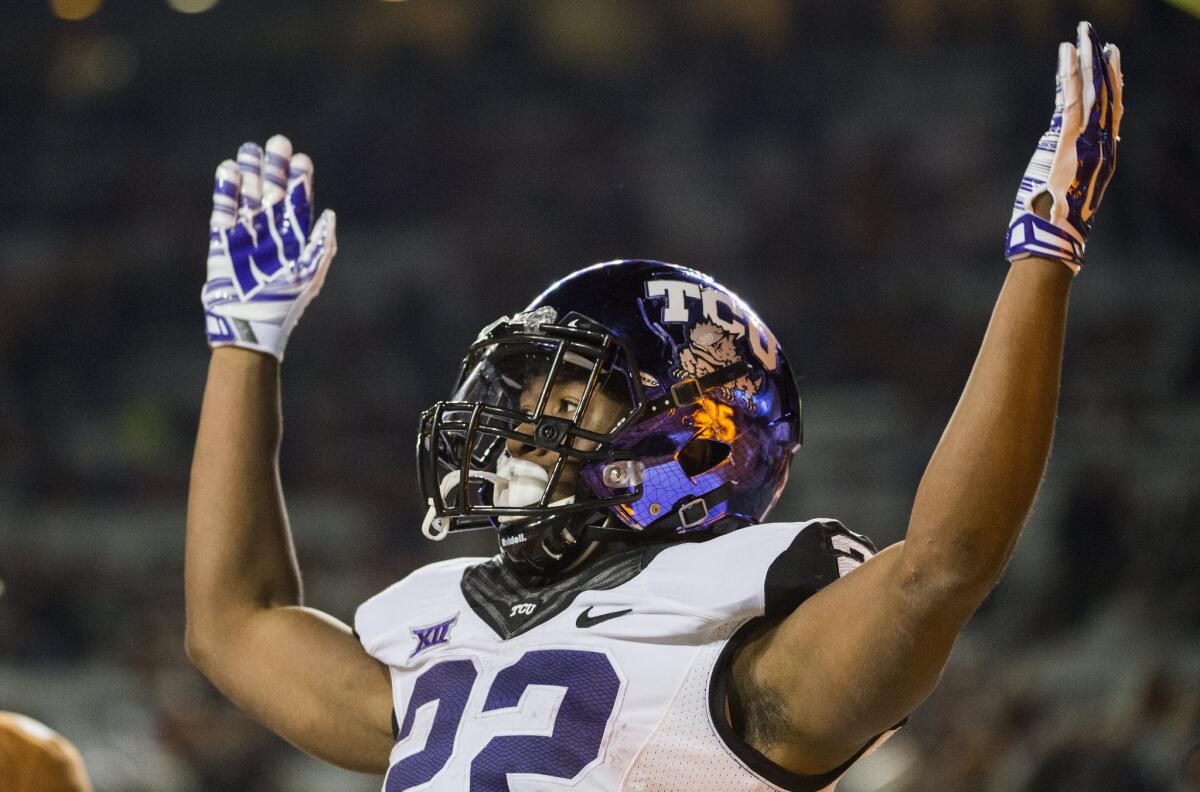 Texas Christian running back Aaron Green celebrates a touchdown during the second half of a game against Texas on Nov. 27. The Horned Frogs beat the Longhorns, 48-10.