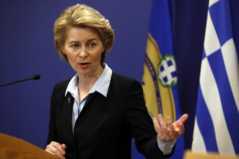 FILE - In this Tuesday, March 5, 2019 file photo, German Minister of Defense Ursula von der Leyen speaks in Athens. European Union leaders on Tuesday, July 2, 2019, after a lengthy session of talks, have nominated current German Defense Minister Ursula von der Leyen for the post of President of the European Commission. (AP Photo/Thanassis Stavrakis, File)