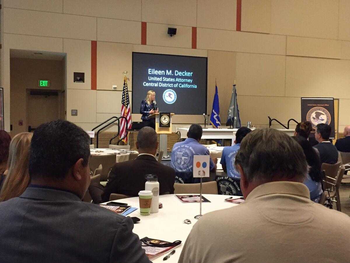 Eileen M. Decker, U.S. attorney for the central district of California, addresses a conference aimed at helping first responders better serve victims of a mass-casualty event.