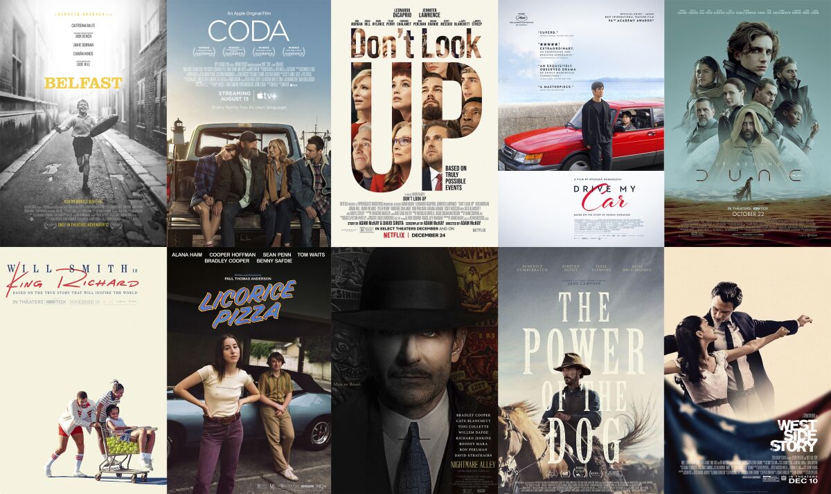 This combination of photos shows promotional art for the films nominated for an Oscar for best picture, top row from left, "Belfast," "CODA," Don't Look Up," Drive My Car," Dune," bottom row from left, "King Richard," Licorice Pizza," "Nightmare Alley," "The Power of the Dog," and "West Side Story." (Focus Features/Apple TV+, Netflix, Janus Films & Sideshow, Warner Bros. Pictures, Warner Bros. Pictures, Searchlight Pictures, Netflix, 20th Century Films via AP)