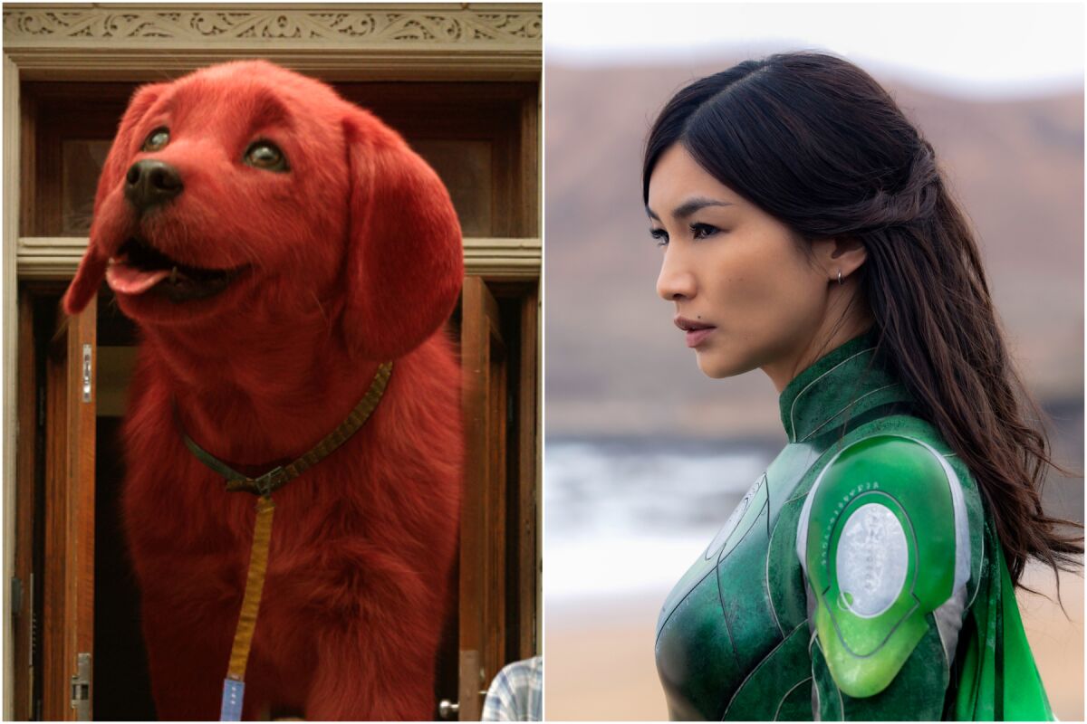 An image of Clifford the Big Red Dog, next to an image of Gemma Chan as Sersi in a green superhero suit in "Eternals." 