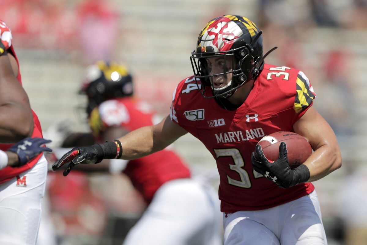 Maryland running back Jake Funk runs with the ball against Howard on Aug. 31, 2019, in College Park, Md.