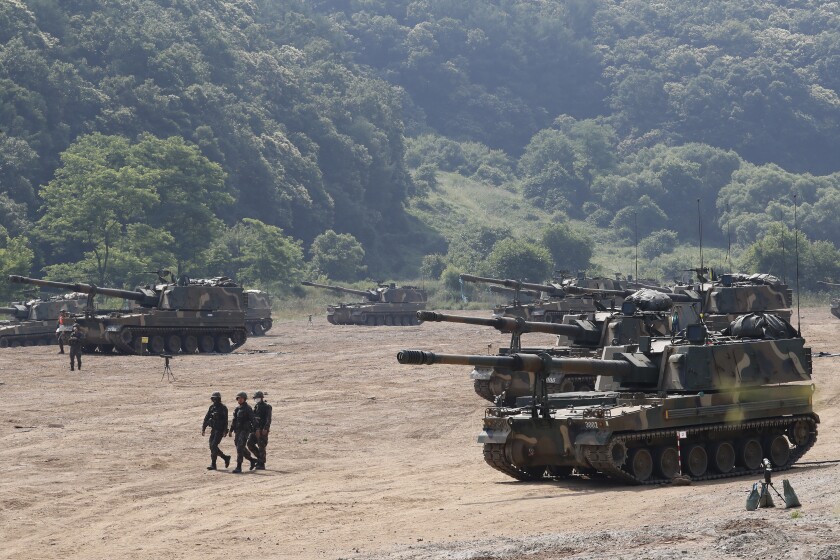 Members of the South Korean army take part in a drill 