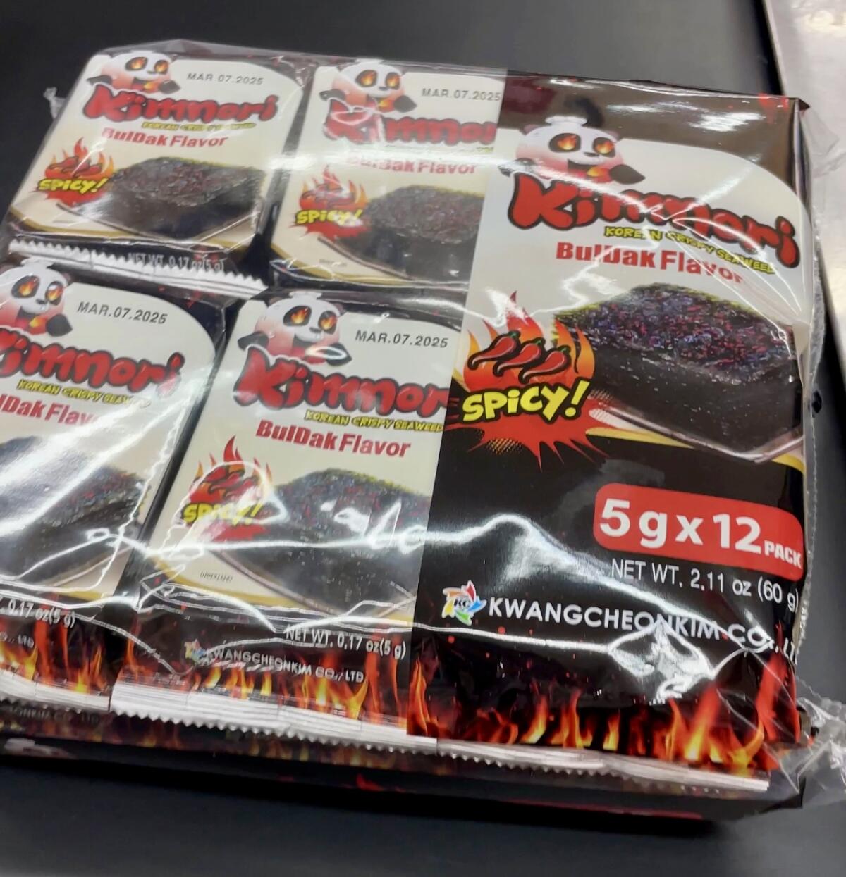 A bag of Buldak-flavored seaweed snacks from Hoa Binh supermarket in Garden Grove.