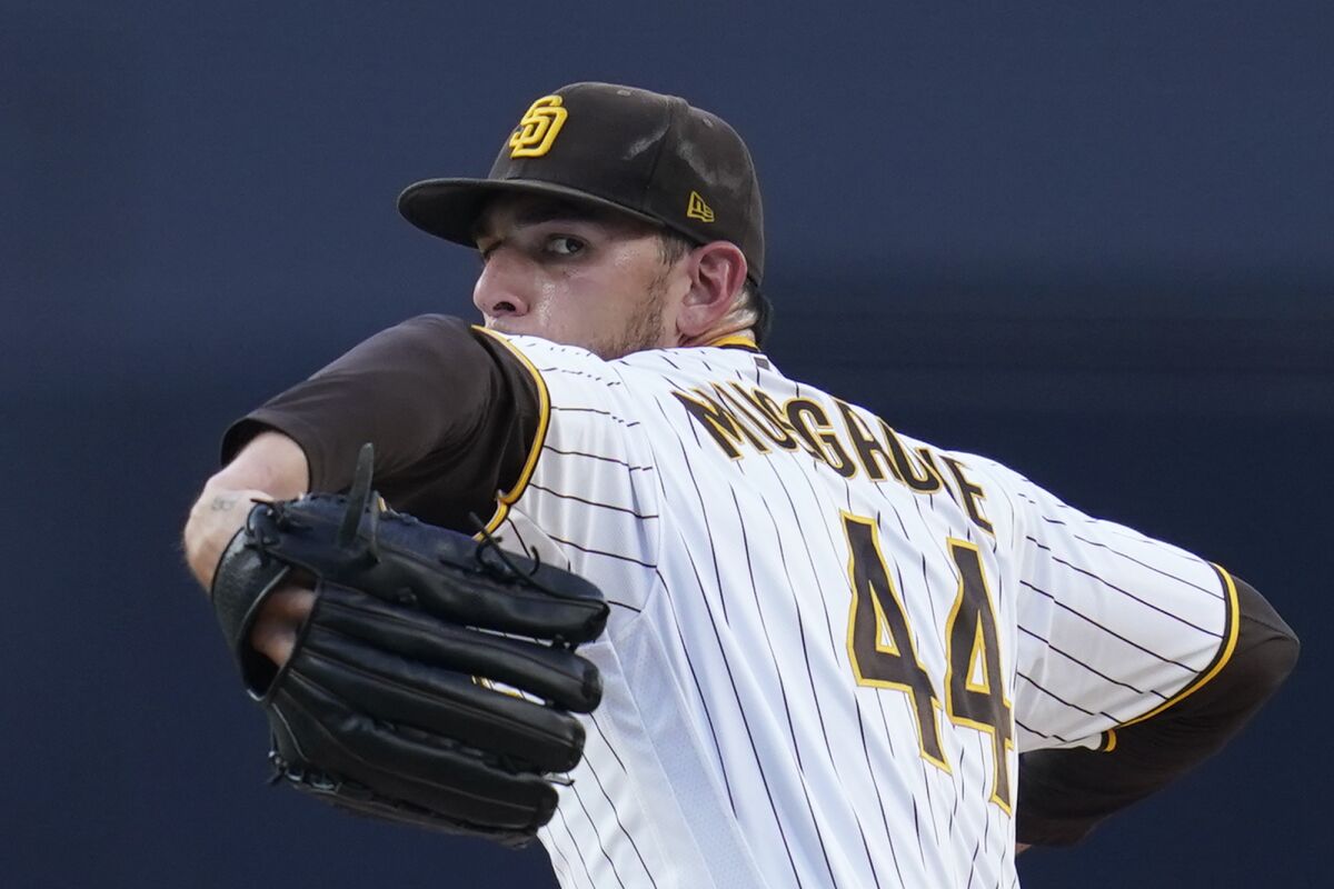 San Diego Padres starting pitcher Joe Musgrove works against a Colorado Rockies batter during the first inning of a baseball game Friday, June 10, 2022, in San Diego. (AP Photo/Gregory Bull)
