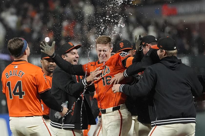 Mark Canha de los Gigantes de San Francisco es felicitado por sus compañeros tras su elevado de sacrificio que llevó a la anotación de Michael Conforto en la novena ante los Tigres de Detroit el viernes 9 de agosto del 2024. (AP Foto/Jeff Chiu)