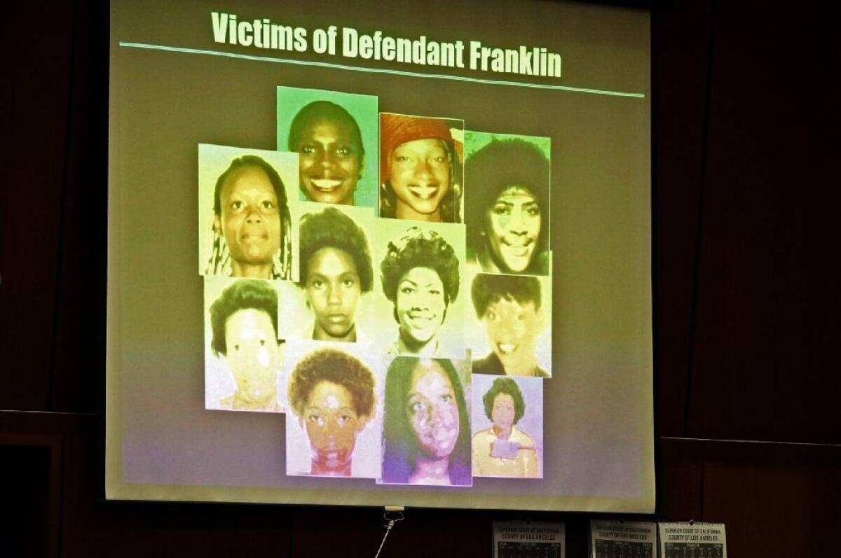 Pictures of the Grim Sleeper's victims are displayed in court during the trial of Lonnie Franklin Jr.