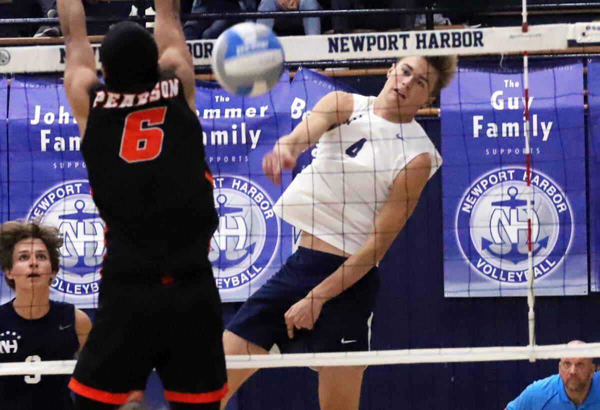 Newport Harbor's Luca Curci (4) paced the Sailors with 21 kills against Cathedral Catholic.