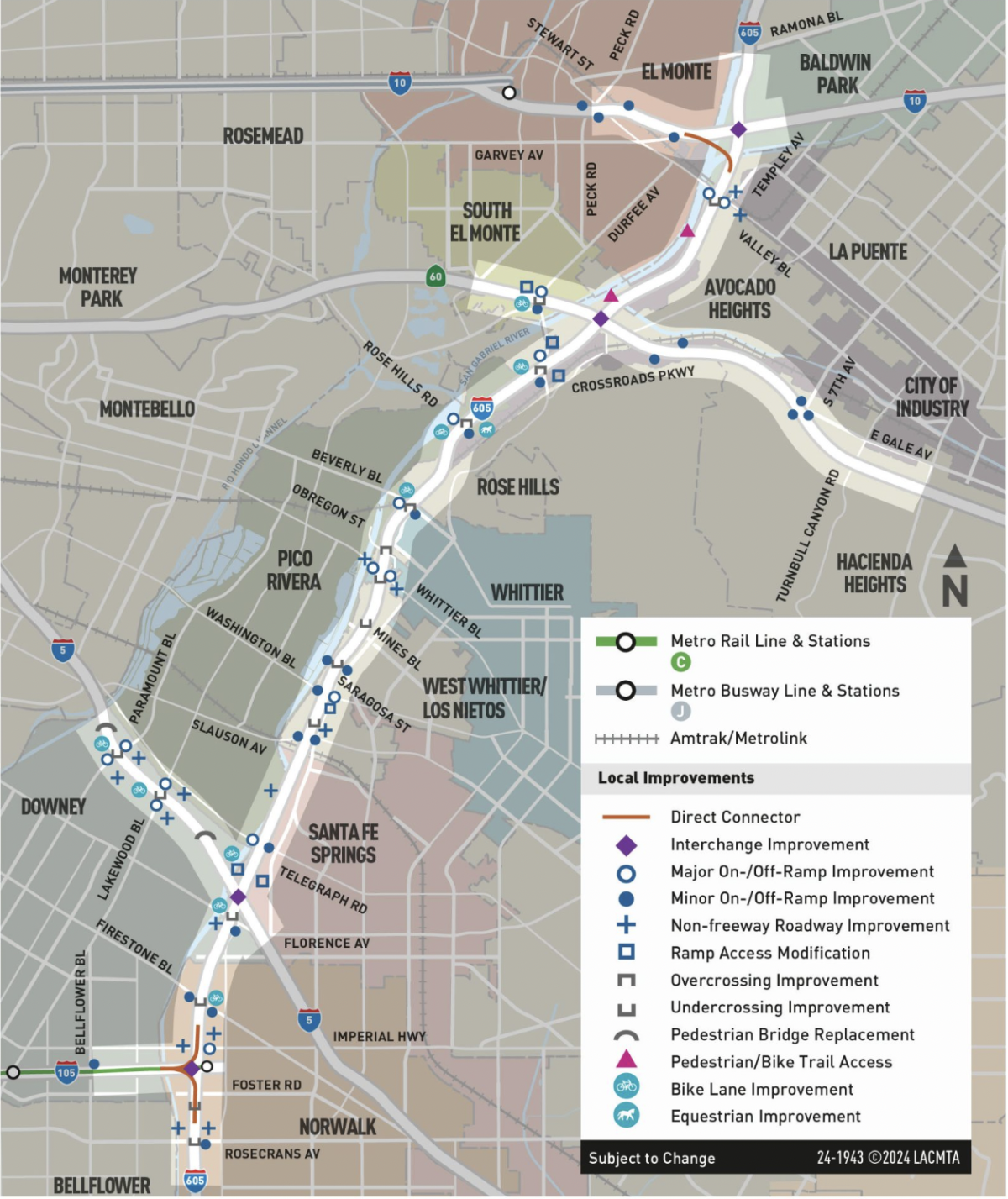 A map of the proposed 605 corridor improvement project.